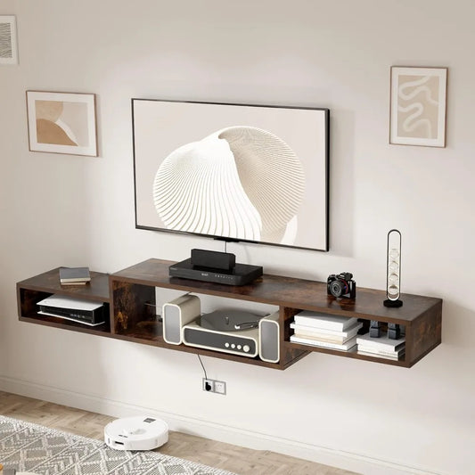 59 Floating TV Stand with Power Outlet – Wall Mounted Entertainment Center, Wooden Media Console Shelf for Under TV Storage.