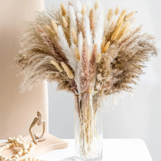 105pcs Natural Dried Pampas Grass Floral Bouquet - Country Home Décor with Rabbit Tail Grass & Reed for Wedding Arrangements