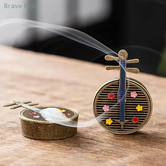 Vintage Incense Holder Gourd Fan Aromatherapy Ornaments Elegant Pipa Incense Tray Mini Metal Incense Burner Home Office Decor