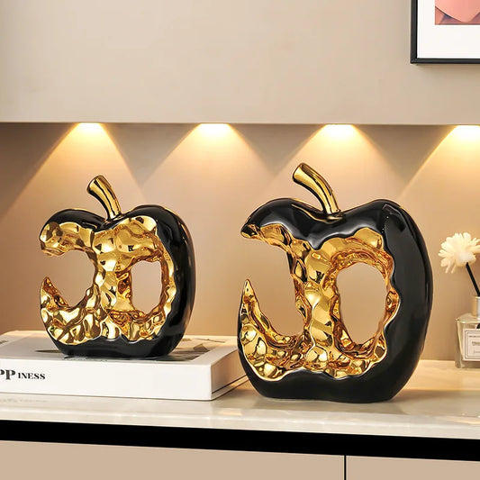 2Pcs Gold-Plated Hollow Apple Ceramic Sculptures, Creative Desk Ornaments for Room Aesthetic Deco