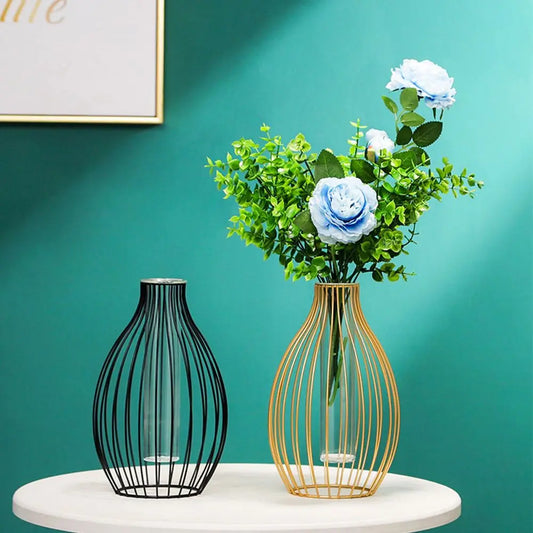 Nordic Style Hydroponic Vase with Geometric Iron Frame.