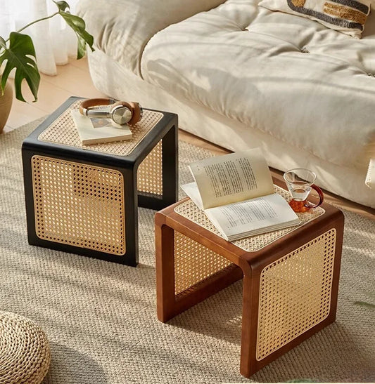 Pure Solid Wood Rattan Retro Japanese-style Bedside Table Home Multi-functional Coffee Table Corner Door Shoe Changing Stool