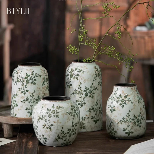 Charming Green Ice Cracked Ceramic Vase – Pastoral Elegance for Hydroponic Plants and Home Décor