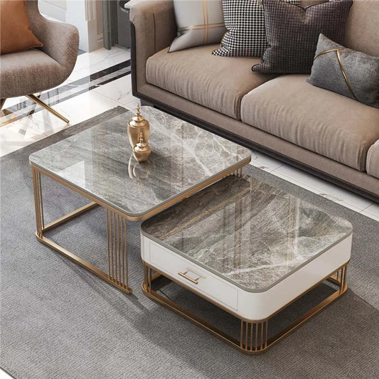 Modern Square Low Coffee Table with Storage Drawers – Elegant Rock Plate Furniture for Living Room.